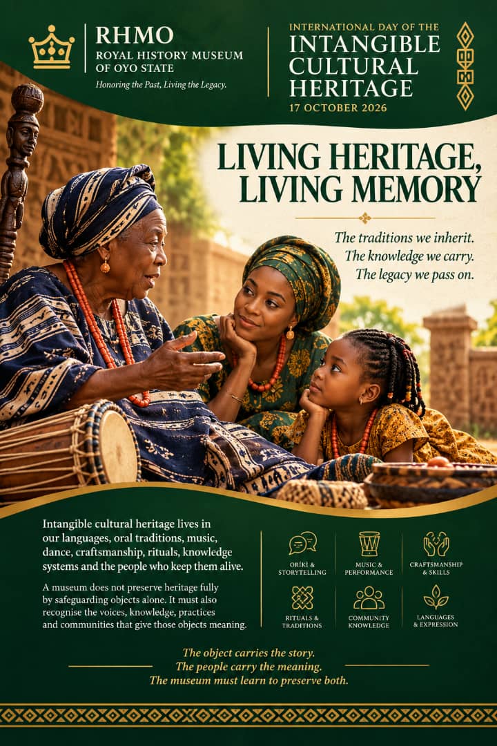 RHMO poster for the International Day of the Intangible Cultural Heritage, 17 October 2026: a grandmother speaking to a mother and child beside a talking drum