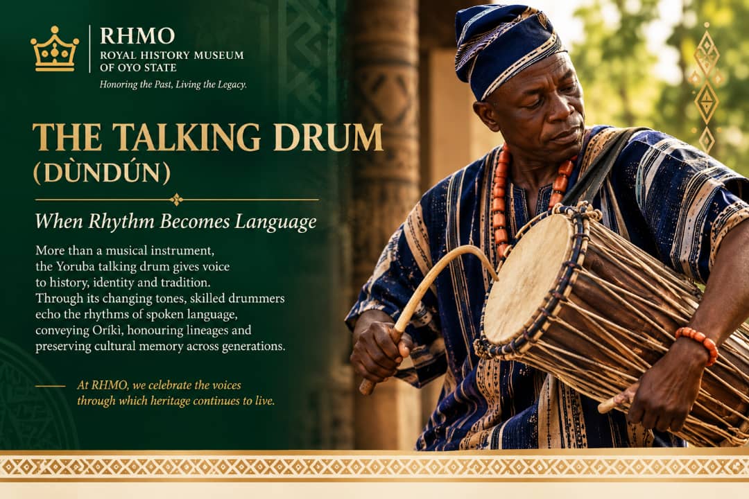 RHMO poster: The Talking Drum (Dùndún), a drummer playing a Yoruba talking drum